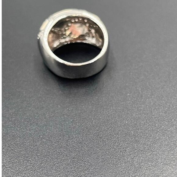 Vintage Sterling Silver Cream Enamel Rhinestone Striped Dome Ring Sz 8.25 - Picture 6 of 8